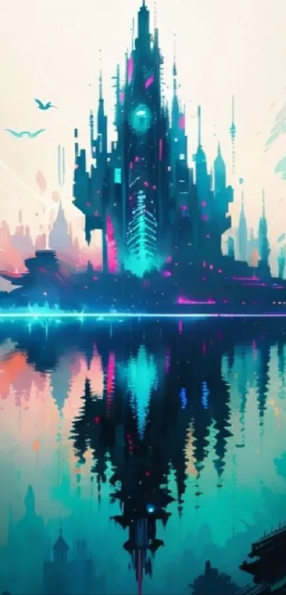 Futuristic cityscape reflected on calm water with vibrant neon colors.