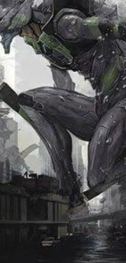 Dark robotic figure in futuristic cityscape wallpaper.