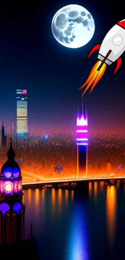 Futuristic cityscape at night with rocket and full moon.