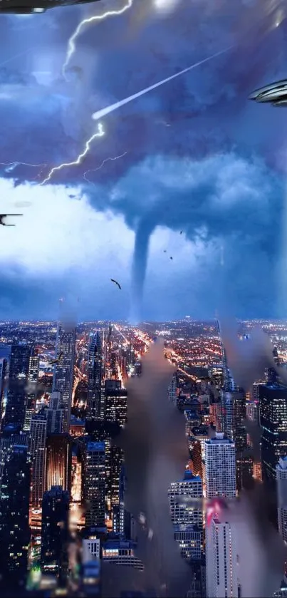 Futuristic cityscape with UFOs in stormy sky.