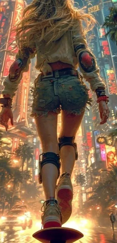 Skateboarder in futuristic city filled with neon lights and skyscrapers.