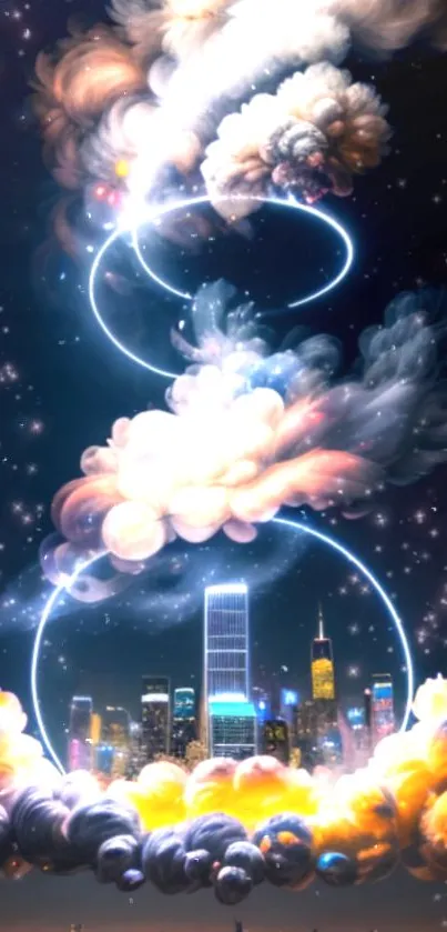 Futuristic city skyline with cosmic clouds and glowing loops.