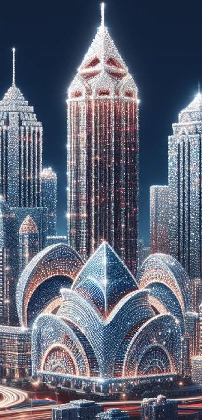 Futuristic city skyline with neon lights at night.