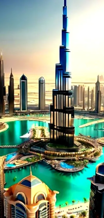 Futuristic city skyline with towering modern architecture and turquoise waters.