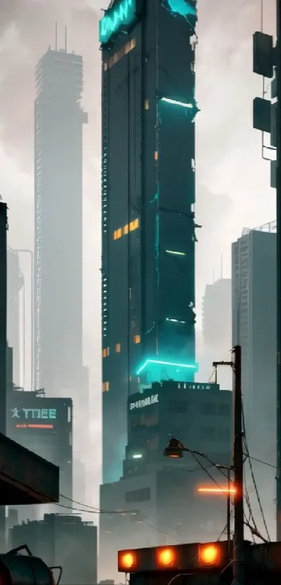 Futuristic city skyline with neon lights and high-rise buildings.