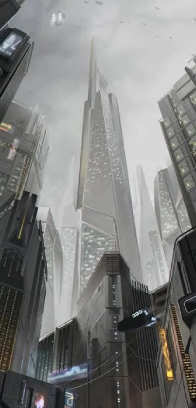 Futuristic city skyline with skyscrapers and gray sky.