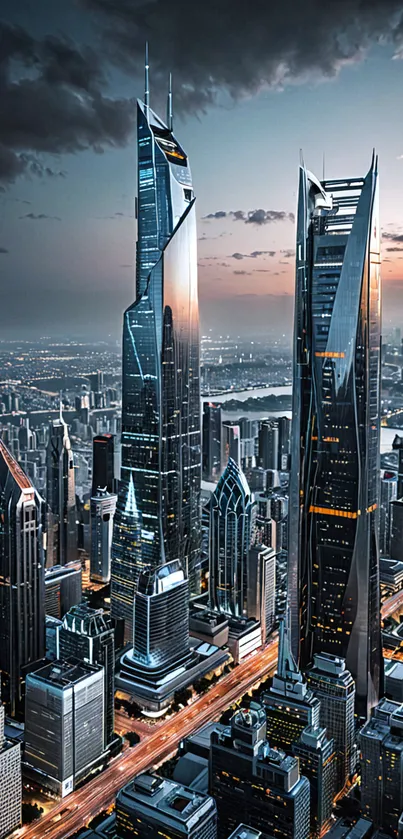 Futuristic skyscrapers under twilight sky.