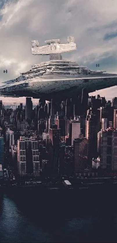 Futuristic spaceship hovers over city skyline in urban scene.