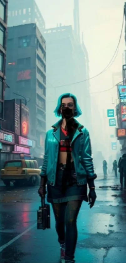 Futuristic city with neon lights and a traveler in cyberpunk style.