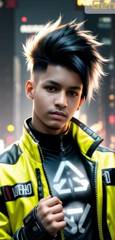 Stylish person with futuristic haircut and bright jacket in neon-lit cityscape.