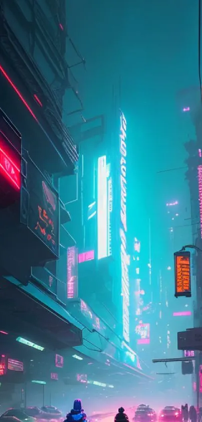 Futuristic city street with neon lights.