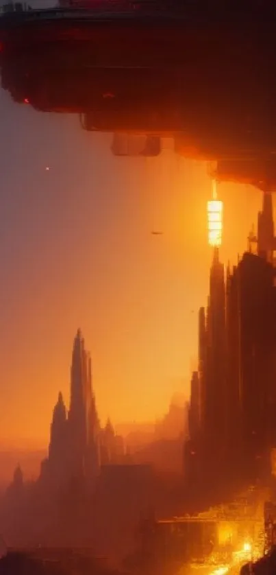 Futuristic city with glowing sunset and surreal architecture.