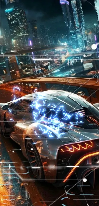 Futuristic supercar driving through a neon-lit cityscape at night.