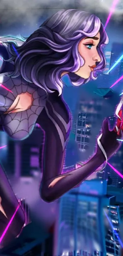 Stylized female superhero in purple over urban cityscape.