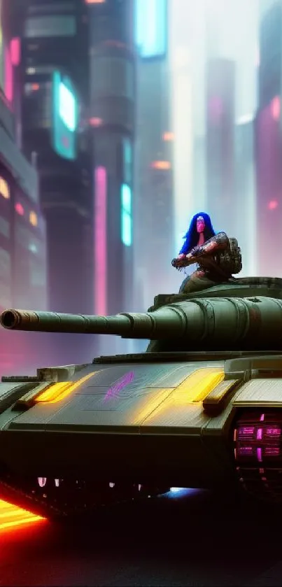 Futuristic tank in vibrant neon cityscape with cyberpunk elements.