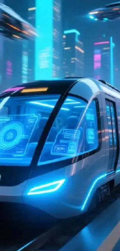 Futuristic city with high-speed train and neon lights.