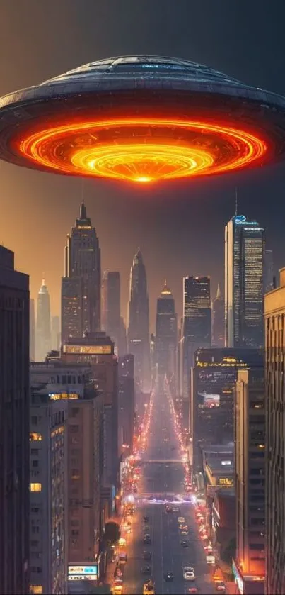 UFO hovering over a futuristic city at night, illuminating the skyline.