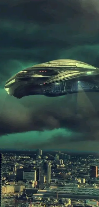 Futuristic UFO hovering over city skyline with dark green clouds.