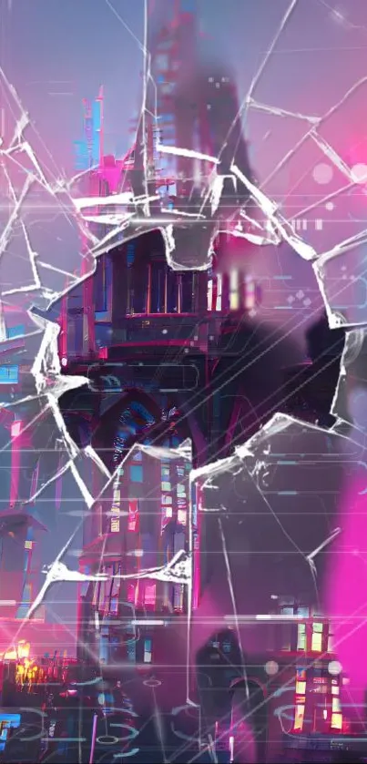 Futuristic cityscape wallpaper with shattered glass effect and vibrant pink hues.