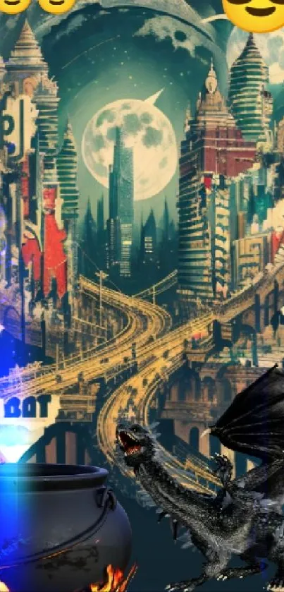 Futuristic city and dragon wallpaper with a cauldron.