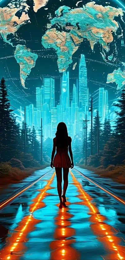 Silhouette in futuristic city with globe.