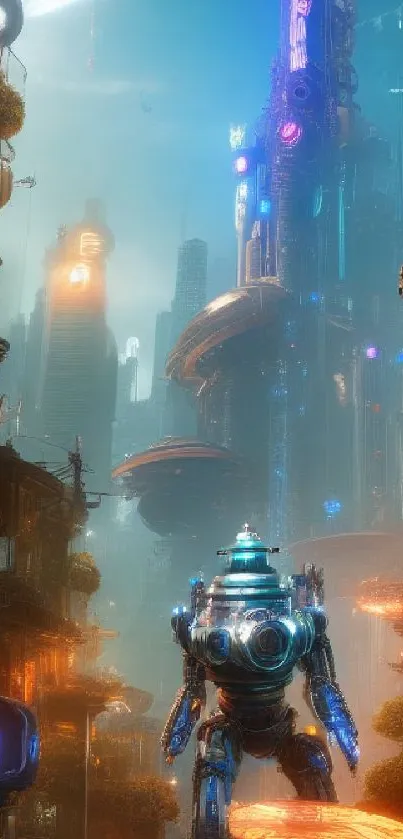 Futuristic cityscape with a robot and neon lights.