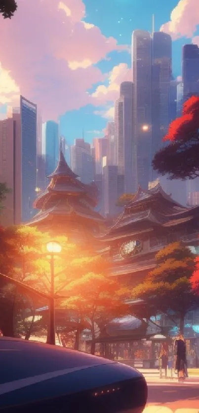 Futuristic cityscape with sakura trees and sunset glow.