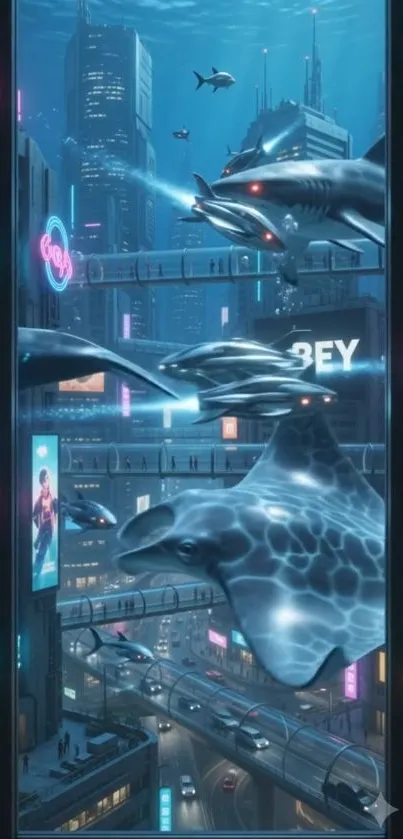 Futuristic cityscape with sharks swimming amidst neon lights.