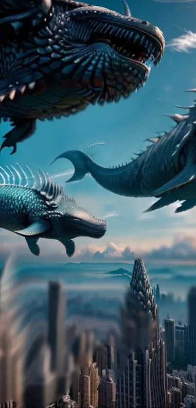 Dragons fly over a futuristic city skyline.