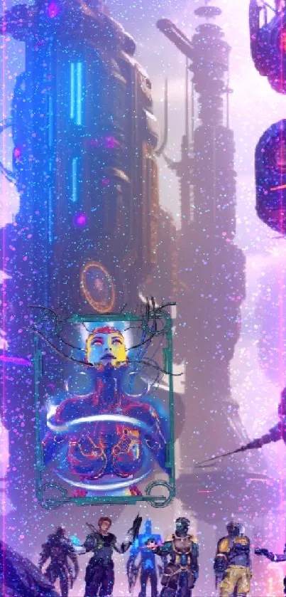 Futuristic cityscape with adventurers and neon lights.