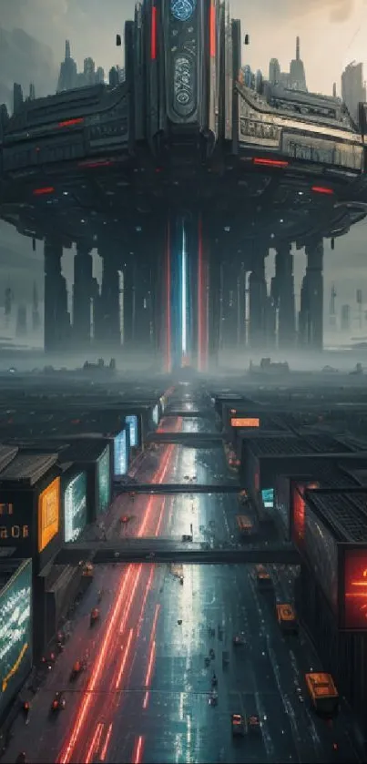 Futuristic scene with alien spaceship over city street.