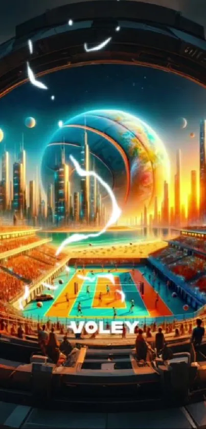 Futuristic cityscape with a glowing arena and cosmic elements.