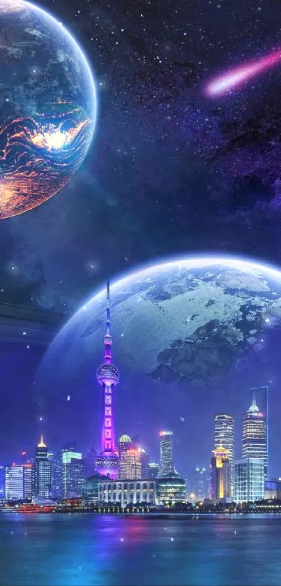 Futuristic cityscape with planets and a cosmic sky.