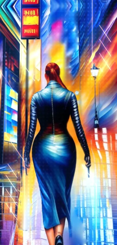 A lone figure walks through a neon-lit futuristic cityscape at night.