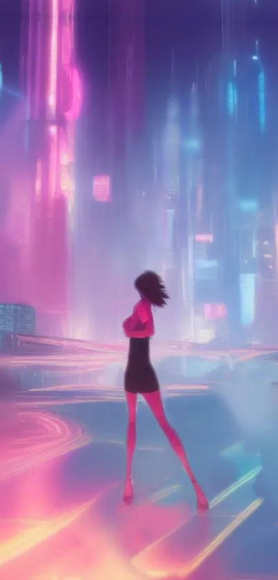 Futuristic cityscape with neon lights and a silhouette of a person for mobile wallpaper.