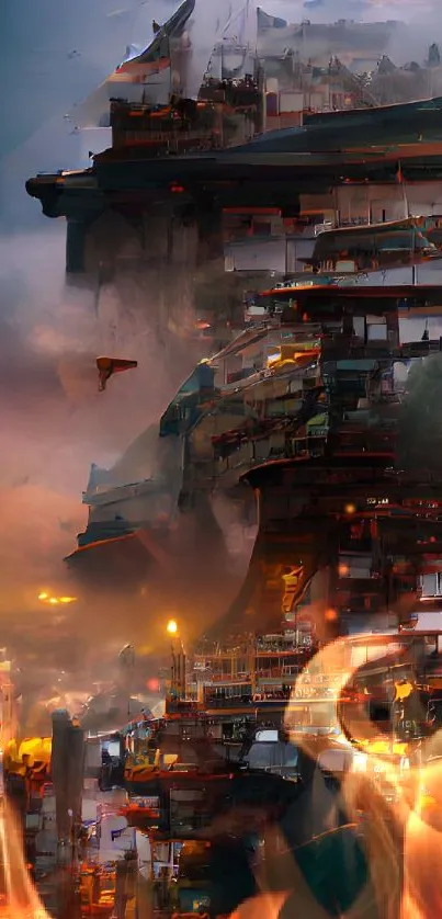 Futuristic cityscape with burning hues and complex architecture in digital art style.