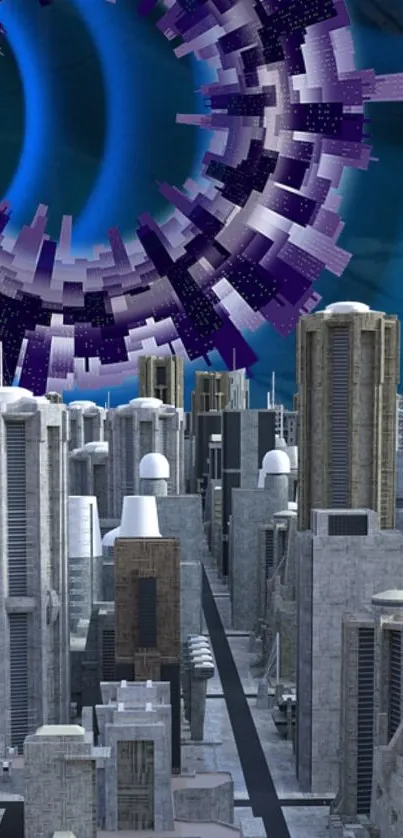 A futuristic cityscape with skyscrapers and a vortex in the sky.