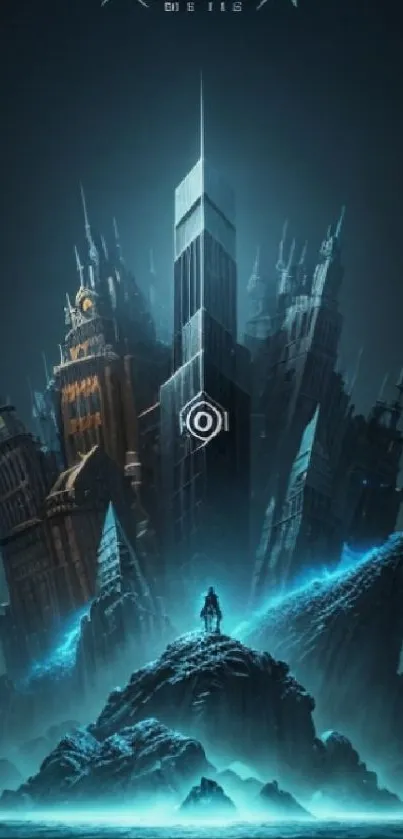 Futuristic cityscape with dark teal tones and towering buildings.