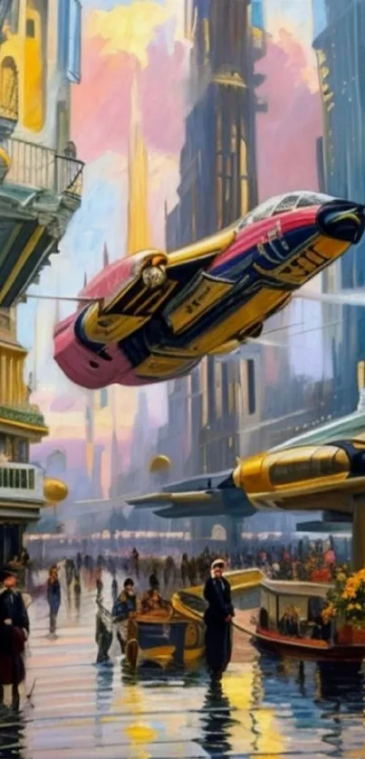 Futuristic cityscape with airships and vibrant architecture.