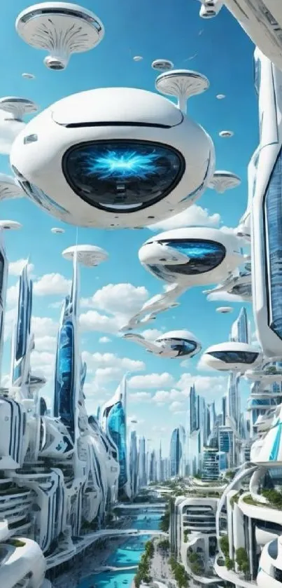 Futuristic cityscape with flying vehicles and skyscrapers in vibrant blue tones.