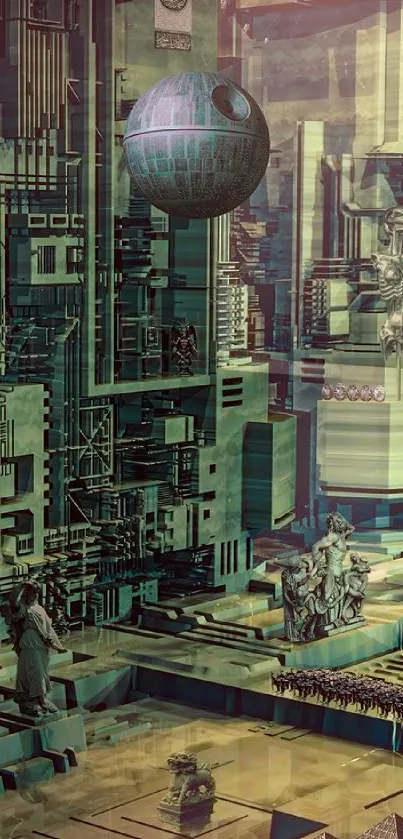 Futuristic cityscape with ancient motifs and digital elements in muted green tones.