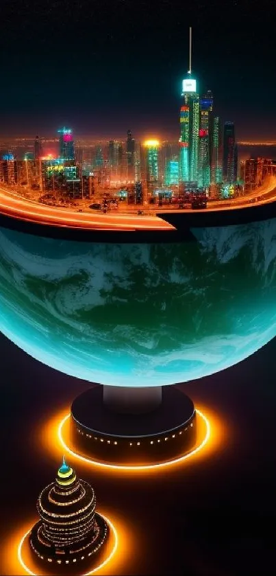 Futuristic city floating above a glowing planet with vibrant neon lights.