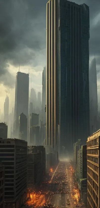 Futuristic cityscape with skyscrapers at dusk under dramatic skies.