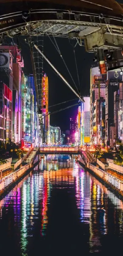 Futuristic cityscape with neon lights reflecting on a river at night.