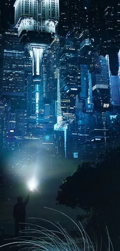 Futuristic cityscape with neon lights at night.