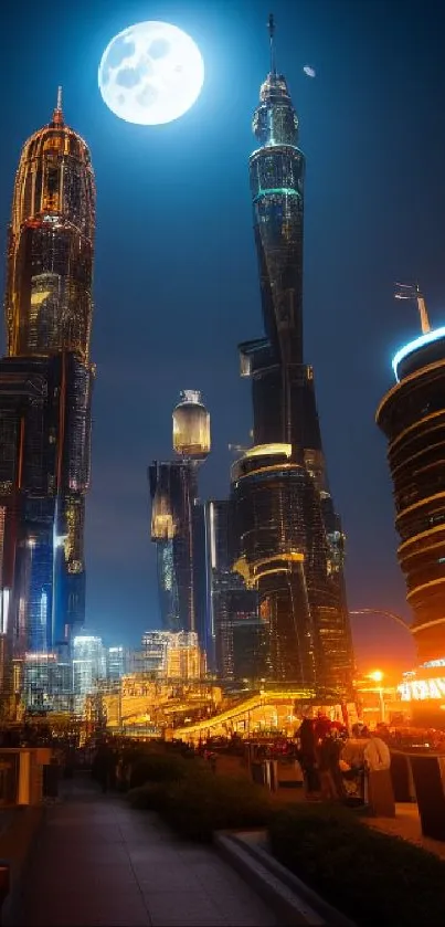 Futuristic city skyline at night with a full moon glowing above.
