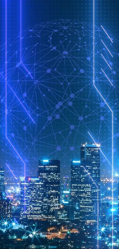 Futuristic cityscape at night with network connections in the sky.