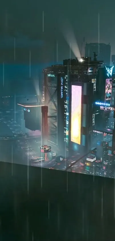 Futuristic cityscape with skyscrapers at night under rain.