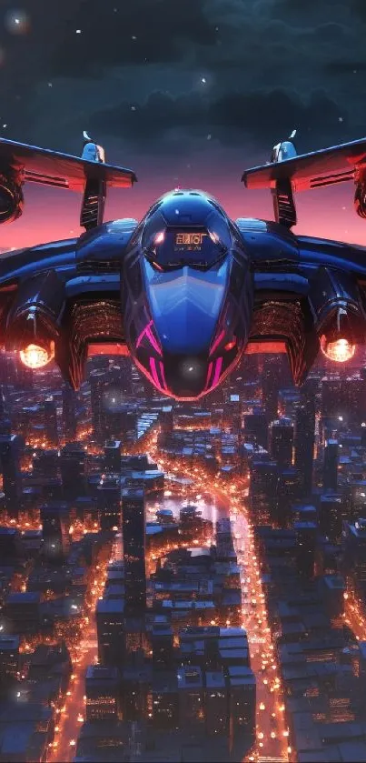 Futuristic aircraft flying over neon-lit city at night.