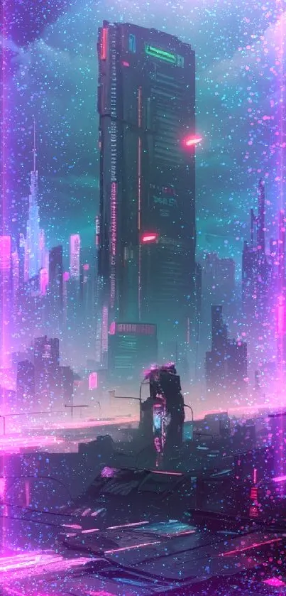 Futuristic cyberpunk cityscape with neon lights and high-rise buildings.